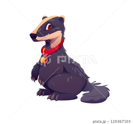 Cartoon Christmas badger animal character wearing bell collar. Isolated vector cute and funny forest animal personage with playful expression and charming, striped face, ready for Xmas celebration Cartoon Christmas badger animal character wearing bell collar. Isolated vector cute and funny forest animal personage with playful expression and charming, striped face, ready for Xmas celebration 120367103