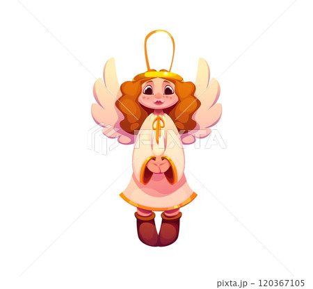 Cartoon Christmas angel toy character embodying holiday spirit. Isolated vector angelic personage with sweet face, rosy cheeks, warm smile, white flowing gown, tiny wings and gold halo above its head Cartoon Christmas angel toy character embodying holiday spirit. Isolated vector angelic personage with sweet face, rosy cheeks, warm smile, white flowing gown, tiny wings and gold halo above its head 120367105