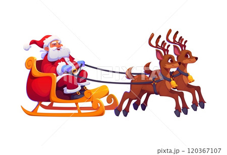 Cartoon Santa Claus rides a festive sleigh pulled by two reindeer, spreading holiday cheer on his Christmas eve journey. Isolated vector cheerful Noel character captures the magic, joy and tradition Cartoon Santa Claus rides a festive sleigh pulled by two reindeer, spreading holiday cheer on his Christmas eve journey. Isolated vector cheerful Noel character captures the magic, joy and tradition 120367107