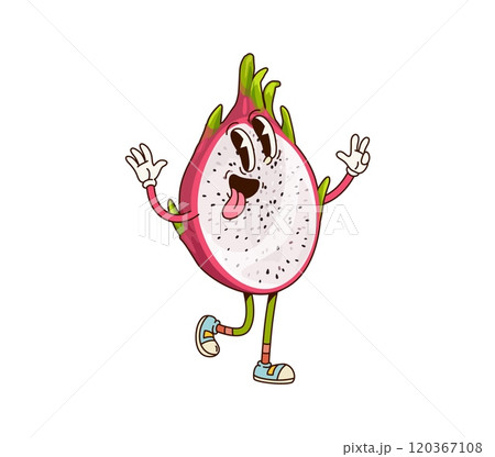 Groovy tropical dragon fruit half character in a playful pose. Cartoon vector fun and smiling pitahaya dragonfruit personage with seeds shows quirky and funky facial expression with sticking tongue Groovy tropical dragon fruit half character in a playful pose. Cartoon vector fun and smiling pitahaya dragonfruit personage with seeds shows quirky and funky facial expression with sticking tongue 120367108
