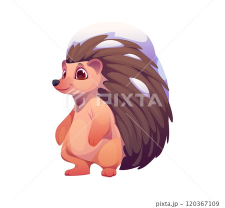 Cartoon Christmas hedgehog animal character with playful expression. Isolated vector adorable woodland personage with soft, spiky quills covered with fresh snow, spreading joy and Xmas holiday spirit 120367109