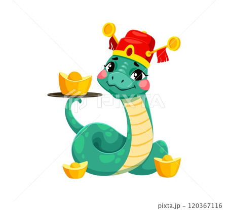 Cartoon snake in a traditional Chinese hat, balances a gold ingot on its tail. Isolated vector green reptile zodiac animal symbol symbolizes prosperity, wealth and good fortune for the 2025 lunar year 120367116