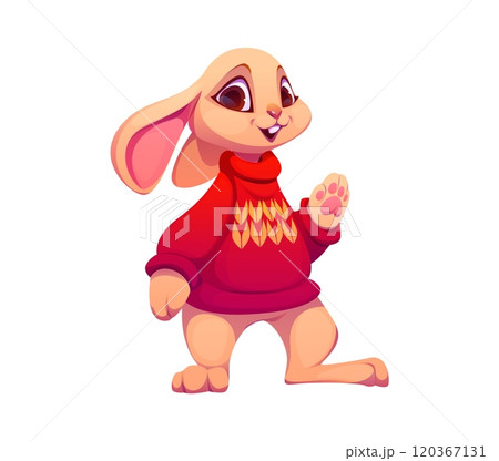 Cartoon rabbit animal character in knit Christmas sweater. Isolated vector cheerful forest bunny personage exudes festive charm, donning a cozy knit clothes, adorned with playful Xmas holiday patterns Cartoon rabbit animal character in knit Christmas sweater. Isolated vector cheerful forest bunny personage exudes festive charm, donning a cozy knit clothes, adorned with playful Xmas holiday patterns 120367131