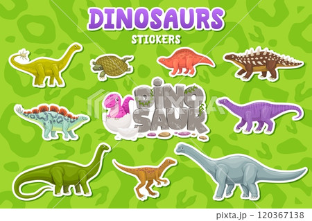 Cartoon dinosaur animal characters stickers pack. Prehistoric dinosaur reptile and baby dino in egg vector personages. Cute eoraptor, brontosaurus, wuerhosaurus, lotosaurus and henodus stickers 120367138
