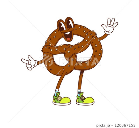 Cartoon groovy pretzel, bakery and pastry character with a playful expression, wearing retro sneakers and exudes fun and whimsical vibe. Isolated vector fresh snack personage with wide cheerful smile 120367155
