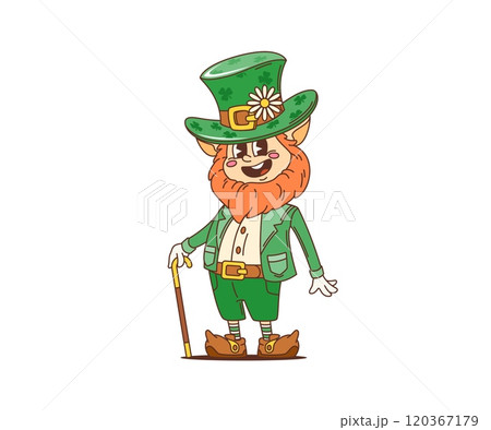 Cartoon retro leprechaun groovy character of Saint Patrick Day holiday, vector personage. Funny leprechaun groovy character with shamrock clover in hat, 70s hippie art for Irish St Patrick Day holiday Cartoon retro leprechaun groovy character of Saint Patrick Day holiday, vector personage. Funny leprechaun groovy character with shamrock clover in hat, 70s hippie art for Irish St Patrick Day holiday 120367179