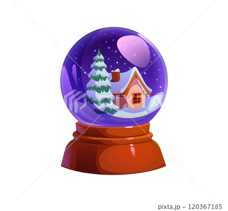 Cartoon Christmas crystal ball. Isolated vector snow globe with a cozy house and snow covered pine tree captures a wintery, festive scene, evoking warmth and holiday spirit. Glass orb Xmas souvenir Cartoon Christmas crystal ball. Isolated vector snow globe with a cozy house and snow covered pine tree captures a wintery, festive scene, evoking warmth and holiday spirit. Glass orb Xmas souvenir 120367185