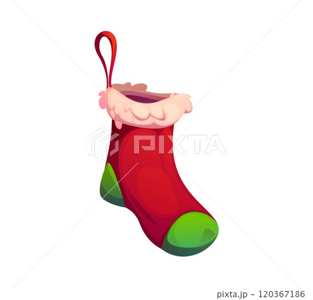 Cartoon festive Christmas holiday stocking decorated in red and green with fluffy white trim and hanging loop, symbolizing tradition of filling socks with small gifts and treats for Xmas celebration 120367186