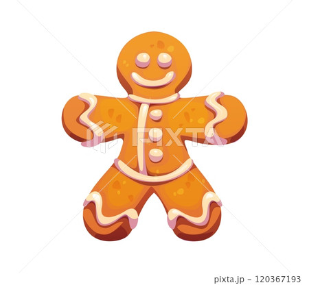 Cartoon gingerbread man Christmas holiday cookie with joyful expression, decorated with white icing on arms, legs and buttons. Isolated vector classic seasonal baking character embodies festive warmth Cartoon gingerbread man Christmas holiday cookie with joyful expression, decorated with white icing on arms, legs and buttons. Isolated vector classic seasonal baking character embodies festive warmth 120367193