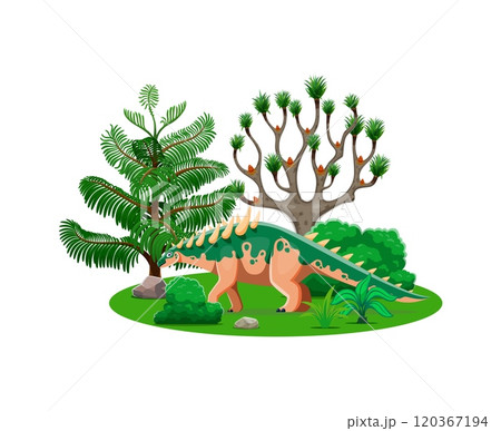 Cartoon dinosaur and prehistoric lizard character in forest, vector Polacanthus dino animal. Jurassic park or Cretaceous era and prehistoric period Polacanthus dinosaur with spikes on back in park Cartoon dinosaur and prehistoric lizard character in forest, vector Polacanthus dino animal. Jurassic park or Cretaceous era and prehistoric period Polacanthus dinosaur with spikes on back in park 120367194