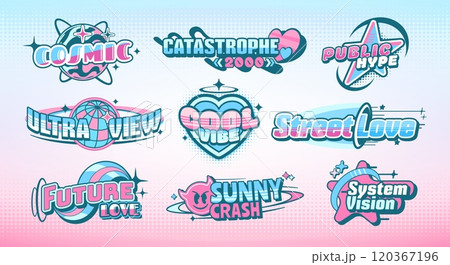 Y2K label stickers with retro funky or modern abstract icons, vector pack. Y2K stickers with space planet or futuristic galaxy and love heart with star and cartoon devil and trendy cool vibe labels 120367196
