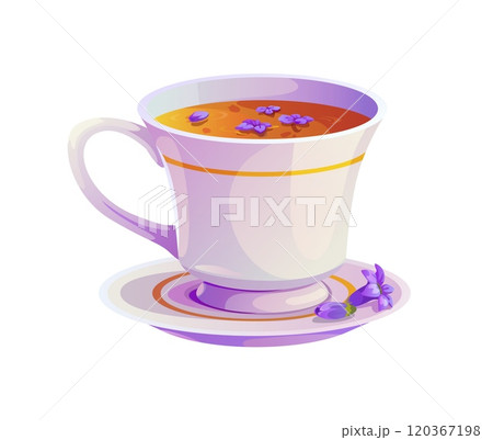 Cartoon lavender tea in an elegant white cup, adorned with delicate purple flowers. Isolated vector porcelain mug filled with herbal drink and natural blooms evokes a sense of relaxation and wellness 120367198