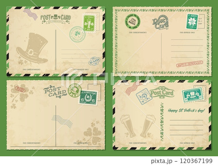 Saint Patrick day antique postcards, retro postage stamps and vintage mail, vector templates. St Patrick Day holiday greetings on post cards with Irish clover shamrock, leprechaun hat and green beer Saint Patrick day antique postcards, retro postage stamps and vintage mail, vector templates. St Patrick Day holiday greetings on post cards with Irish clover shamrock, leprechaun hat and green beer 120367199