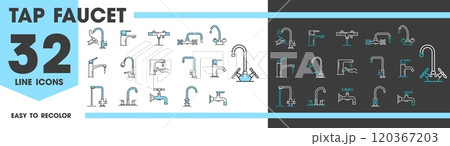 Tap kitchen and bathroom faucet line icons. Vector linear symbols set of modern plumbing fixtures, outline sink spigots, mixers with running water and valves, stylish cranes, bath equipment design 120367203
