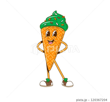 Groovy cartoon Saint Patrick day ice cream character for Irish holiday, vector funky retro. Groovy cartoon green ice cream in wafer cone with shamrock clover, happy face for St Patrick Day character 120367204