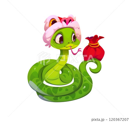 Cute cartoon snake in traditional dragon hat holding red money sack. Isolated vector funny curled green festive Chinese zodiac reptile animal, symbol of wealth and prosperity for the 2025 lunar year 120367207
