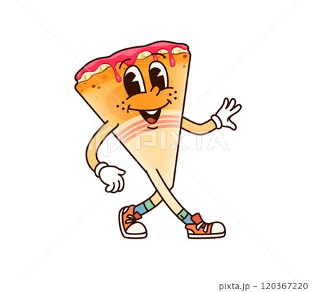 Groovy crepe dessert character with playful face, wearing retro sneakers, exudes joy and energy with wide smile. Cartoon vector fun thin pancake, breakfast food personage exudes happy and funky vibes 120367220