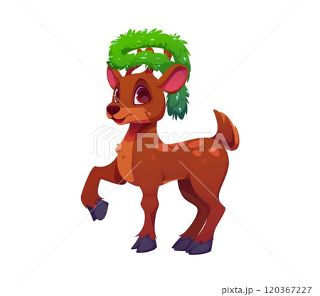 Cartoon Christmas reindeer animal character with pine tree wreath on its antlers. Isolated vector cute playful deer personage spreading joy with its heartwarming smile, ready for festive adventure Cartoon Christmas reindeer animal character with pine tree wreath on its antlers. Isolated vector cute playful deer personage spreading joy with its heartwarming smile, ready for festive adventure 120367227