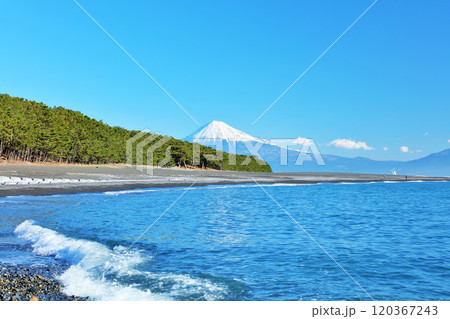静岡県　青空の三保の松原と富士山 120367243