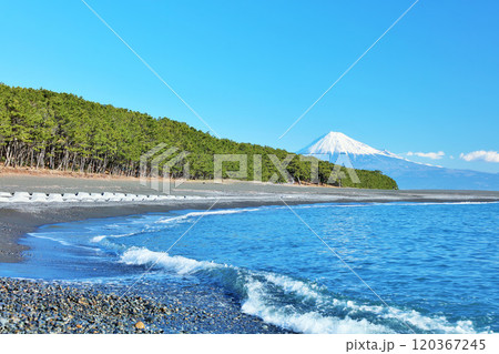 静岡県　青空の三保の松原と富士山 120367245