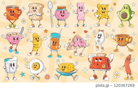 Cartoon retro groovy breakfast characters of drinks and food with funny smile faces. Vintage cute coffee cup, toast, croissant and sandwich vector personages. Funky tea mug, eggs, bacon and sausage 120367269