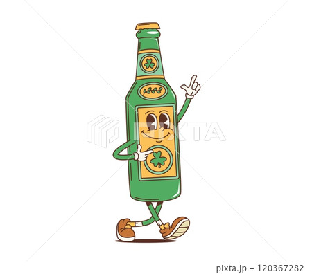 Cartoon retro groovy green beer bottle character for Saint Patrick Day holiday, vector personage. Funny groovy beer bottle with shamrock clover leaf label in 70s hippie art for St Patrick Day holiday Cartoon retro groovy green beer bottle character for Saint Patrick Day holiday, vector personage. Funny groovy beer bottle with shamrock clover leaf label in 70s hippie art for St Patrick Day holiday 120367282