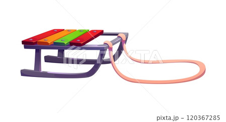 Cartoon wood sled for winter Christmas holiday fun. Isolated vector kids sleigh with low seat made of brightly colored planks, curved runners and a rope for easy pulling and gliding down snowy hills Cartoon wood sled for winter Christmas holiday fun. Isolated vector kids sleigh with low seat made of brightly colored planks, curved runners and a rope for easy pulling and gliding down snowy hills 120367285