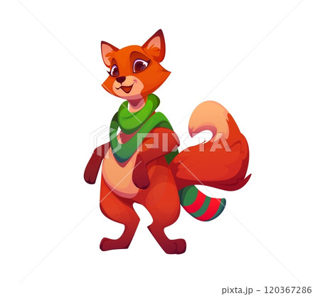 Cartoon fox animal character exudes charm and festive cheer, wrapped snugly in a colorful Christmas scarf. Isolated vector personage with playful eyes and fluffy tail capture magic of holiday season 120367286
