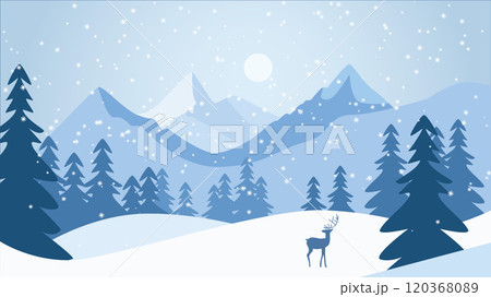 Deer Roe Animal Silhouette in Pine Trees Forest with Ice Mountain View in Snow Winter Season 120368089
