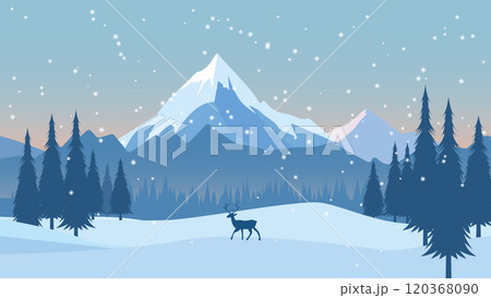 Deer Roe Animal Silhouette in Pine Trees Forest with Ice Mountain View in Snow Winter Season 120368090