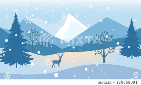 Deer Roe Animal Silhouette in Pine Trees Forest with Ice Mountain View in Snow Winter Season 120368091