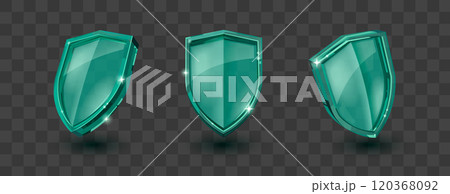 Green glass shields set on transparent background Green glass shields set on transparent background 120368092