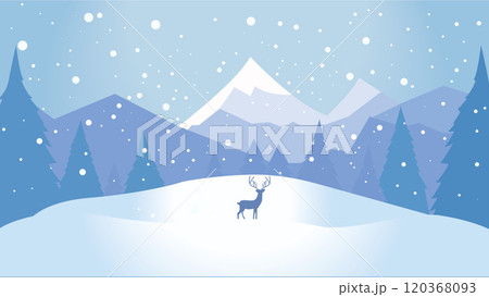 Deer Roe Animal Silhouette in Pine Trees Forest with Ice Mountain View in Snow Winter Season 120368093