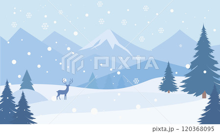 Deer Roe Animal Silhouette in Pine Trees Forest with Ice Mountain View in Snow Winter Season 120368095