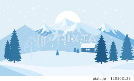 Home House in the Middle of Forest with Winter Snow Mountain in Bright Sky 120368128