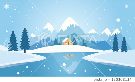 Winter Snow Mountain Nature Landscape with River in Bright Sky 120368134