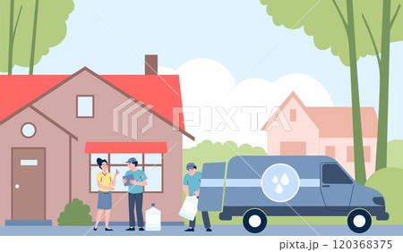 Water delivery at home. Couriers transported giant plastic bottles to client house. Drivers unloading logistic truck, high service, recent vector scene 120368375