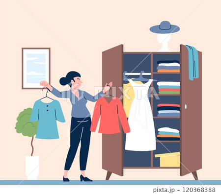 Girl and wardrobe. Cartoon woman choose between two blouses. Female stand and make new fashion outfit for work or walk. Sorting clothes recent vector scene Girl and wardrobe. Cartoon woman choose between two blouses. Female stand and make new fashion outfit for work or walk. Sorting clothes recent vector scene 120368388