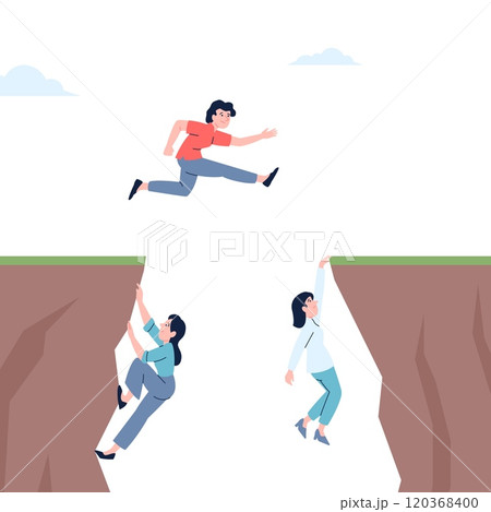 People climbing and jump over mountain hole. Career growth and development, self hard work without help and support. Vector scene 120368400
