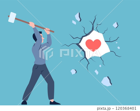Man with hammer broken stone wall and frees heart. Person reading for new relationship, mental or psycho trauma is over, recovery of feelings vector scene 120368401