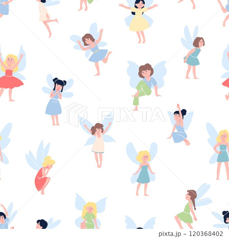 Little fairy ladies seamless pattern. Funny girls with butterfly wings, tale characters. Girly template for fabric wrapping wallpaper, vector background Little fairy ladies seamless pattern. Funny girls with butterfly wings, tale characters. Girly template for fabric wrapping wallpaper, vector background 120368402