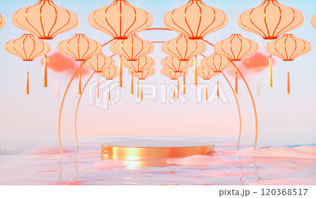 Abstract Chinese lantern background with a podium for product display. 3d rendering. 120368517