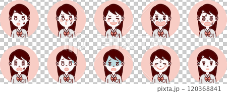 Student/high school girl facial expression icon set (troubled/anxious) / pink background 120368841
