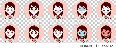 Student/high school girl facial expression icon set (sad, cold, hot) / pink background 120368842