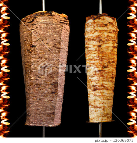Turkish dining traditional meat and chicken doner kebab, transparent doner poster brochure, flaming doner kebab design isolated Turkish dining traditional meat and chicken doner kebab, transparent doner poster brochure, flaming doner kebab design isolated 120369073