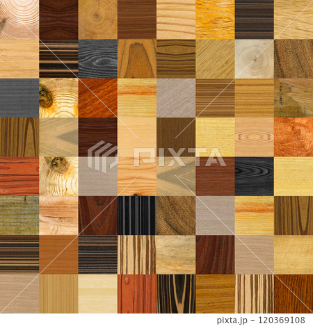 Wooden square marquetry can be patterns created from the combination of pine and walnut wood, wooden floor, parquet, cutting board, seamless texture 120369108