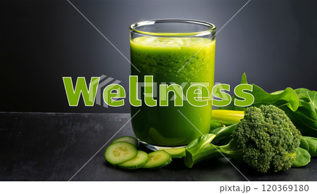 Text "Wellness" The background is vegetable smoothie.	 120369180