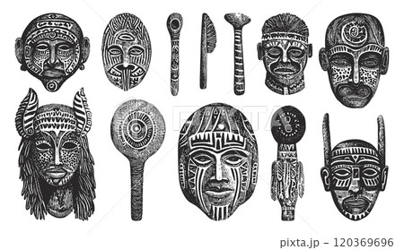 Tribal Masks and Elements Hand-Drawn Linocut Grunge Texture Vector Set on White Background with Distressed Ethnic Art Vintage Graphics Mask Unique Icons Cultural Heritage Elements 120369696