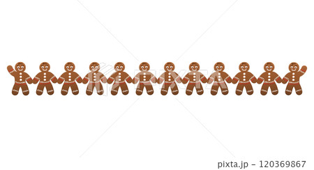 Row of cheerful gingerbread men holding hands. Lined up smiling gingerbread cookies, 12 figures decorated with icing. A symbol of friendship, teamwork, solidarity and a peaceful society. Illustration. 120369867