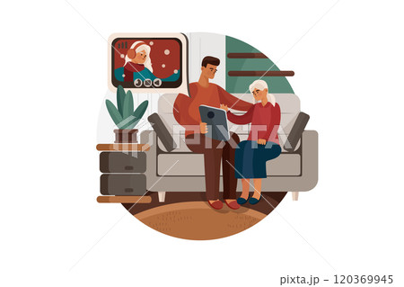 Father and his girl video calling a family member 120369945